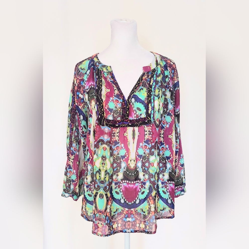 Nicole by Nicole Miller Colorful Boho Chiffon Long Sleeve Top Size XS